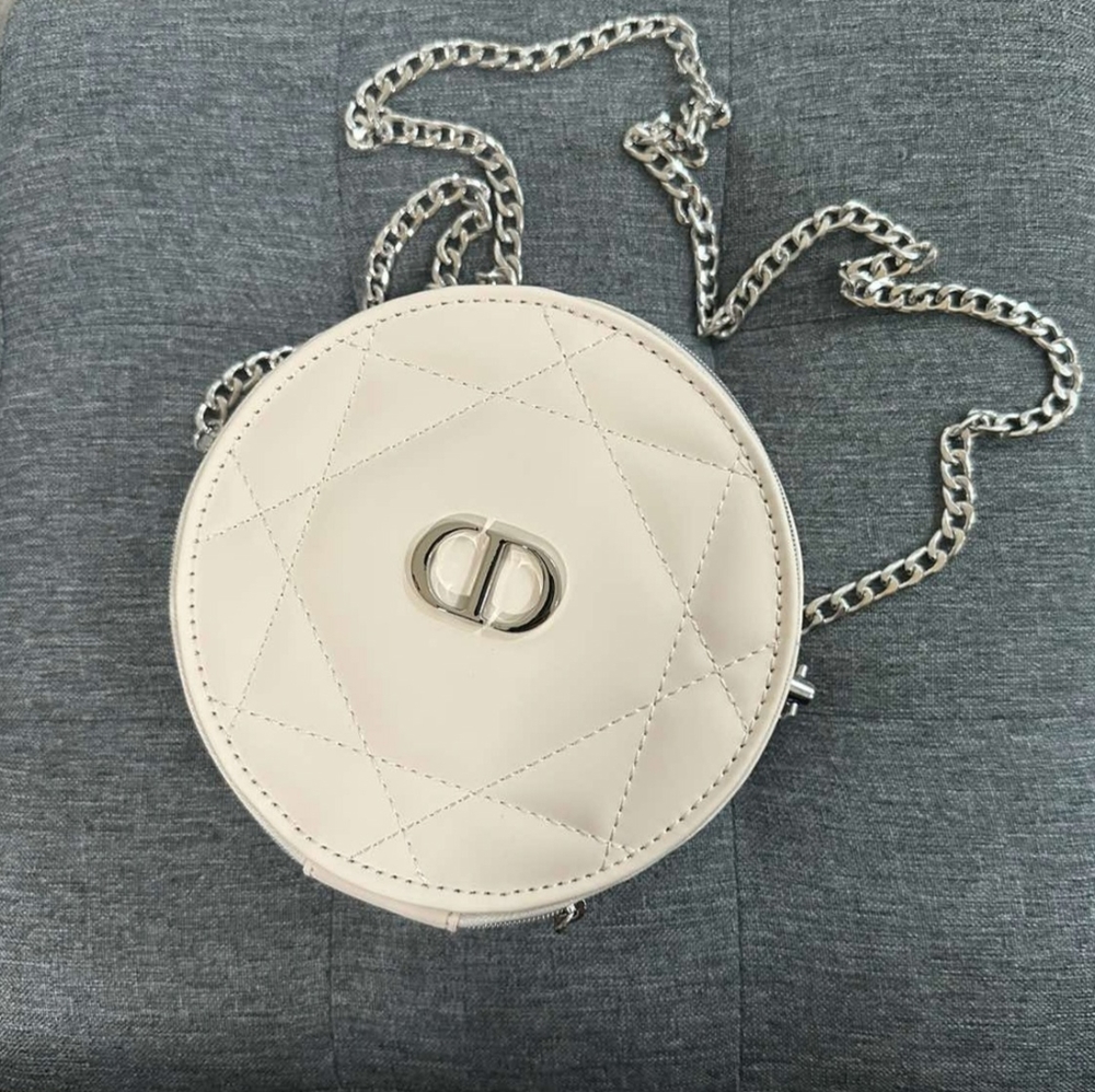 Dior Round Quilted Leather Vanity Bag in Cream with Silver Chain
